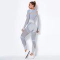 Light grey seamless yoga set with ribbed crop top and high-waisted leggings