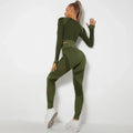 Seamless yoga set with olive green ribbed crop top and high-waisted leggings