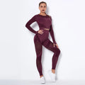 Woman modeling seamless yoga set with ribbed crop top and high-waisted leggings