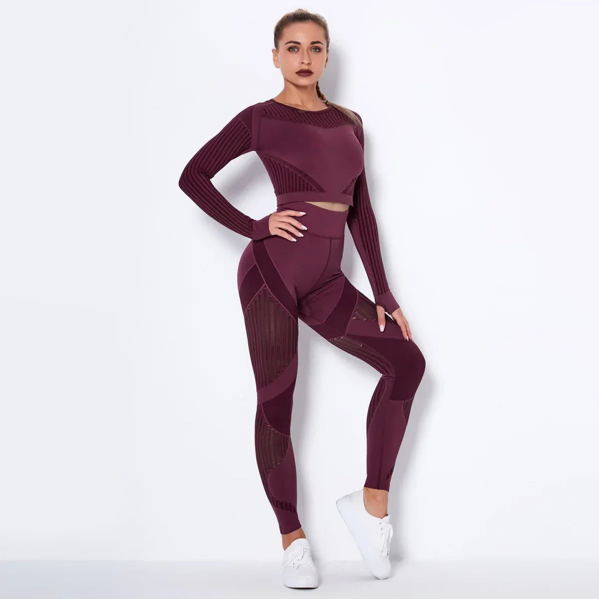 Woman modeling seamless yoga set with ribbed crop top and high-waisted leggings