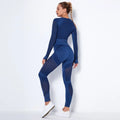 Royal blue seamless yoga set with ribbed crop top and high-waisted leggings