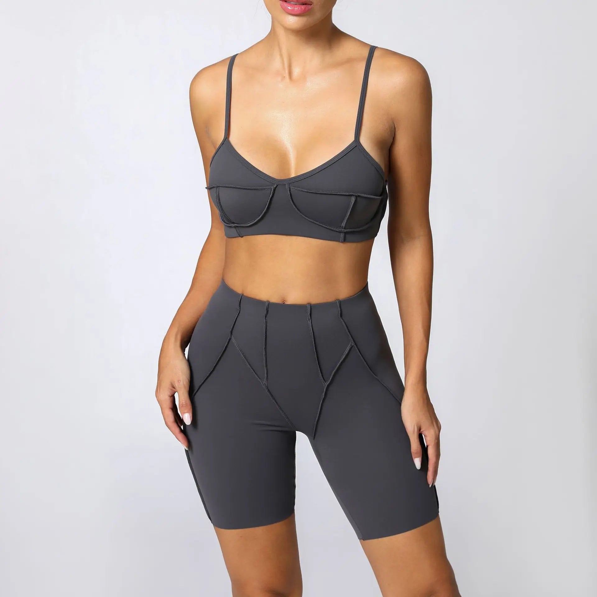 Seamless Yoga Sets Sports Fitness High Waist Hip-lifting Shapeing Leggings Backless Bra Suit - carbon gray / M