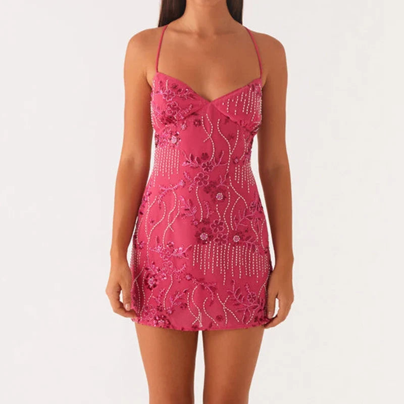Sequin Beaded Cami Mini Dress - Rose Red / L