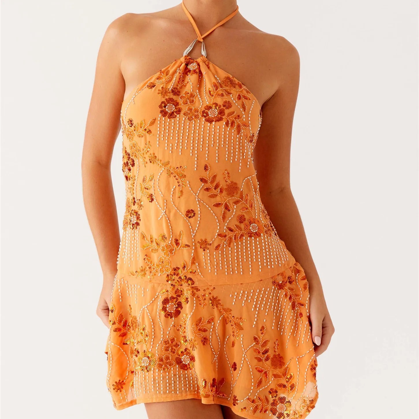 Sequined Beaded Cami Mini Dress - Orange / L