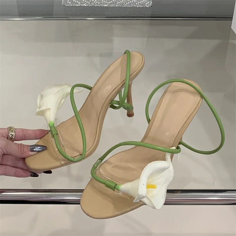 Sexy PVC Transparent Flower Narrow Band Women Sandals - Green / 40