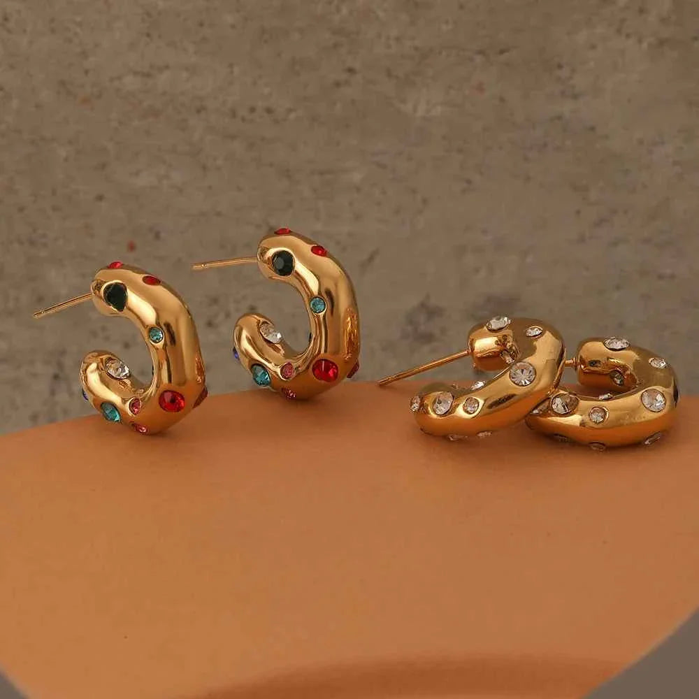 Shaped Hammer Shiny Zircon CC Shape Hoop Earrings Stainless Steel