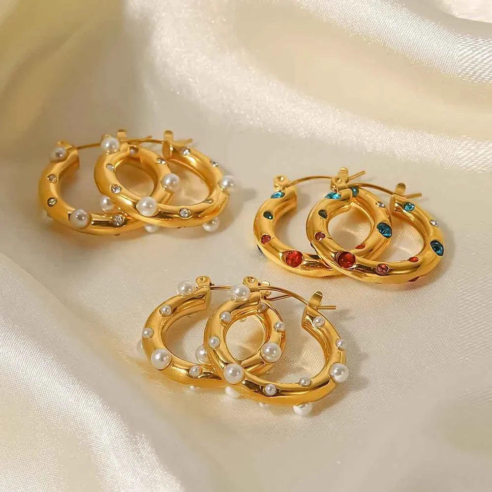 Shaped Hammer Shiny Zircon CC Shape Hoop Earrings Stainless Steel