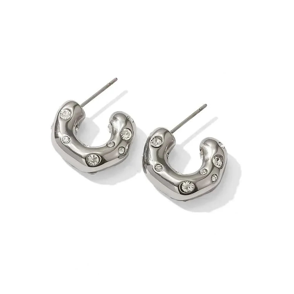 Shaped Hammer Shiny Zircon CC Shape Hoop Earrings Stainless Steel