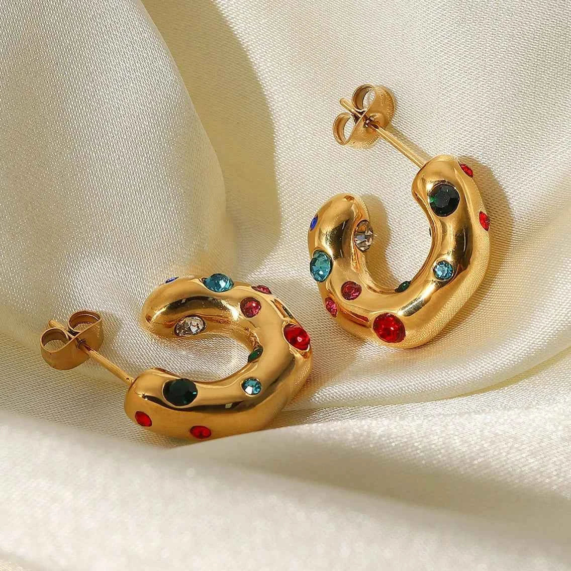 Shaped Hammer Shiny Zircon CC Shape Hoop Earrings Stainless Steel