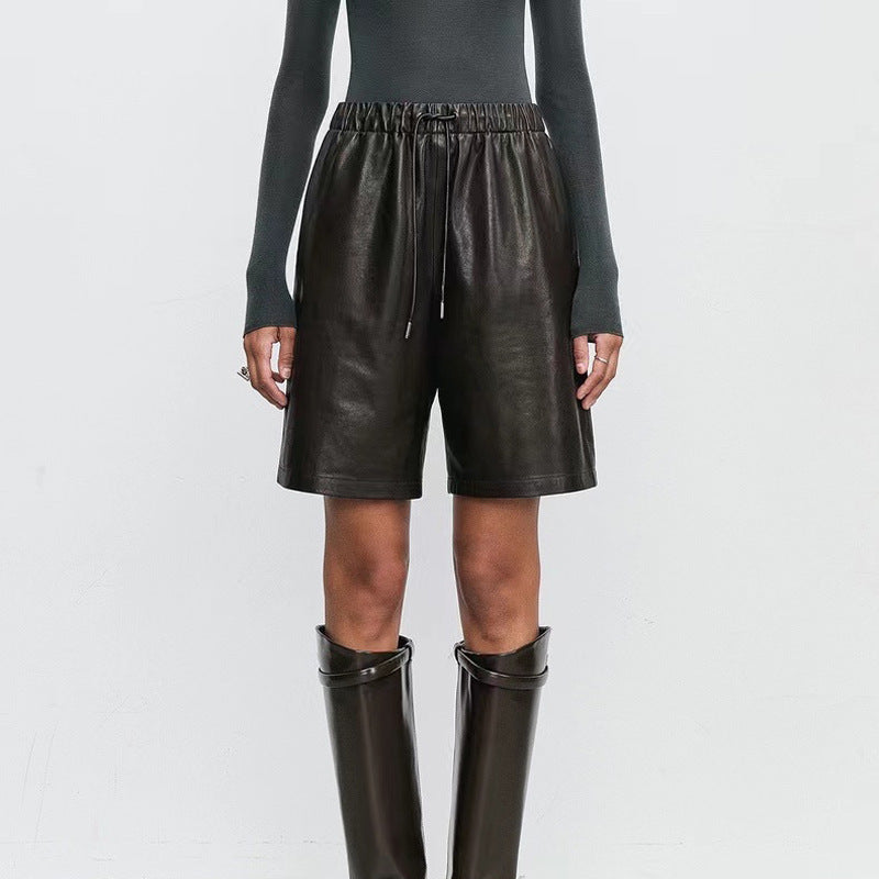 Sheepskin Elastic Waistband All-match Casual Straight-leg Leather Shorts Women - Other