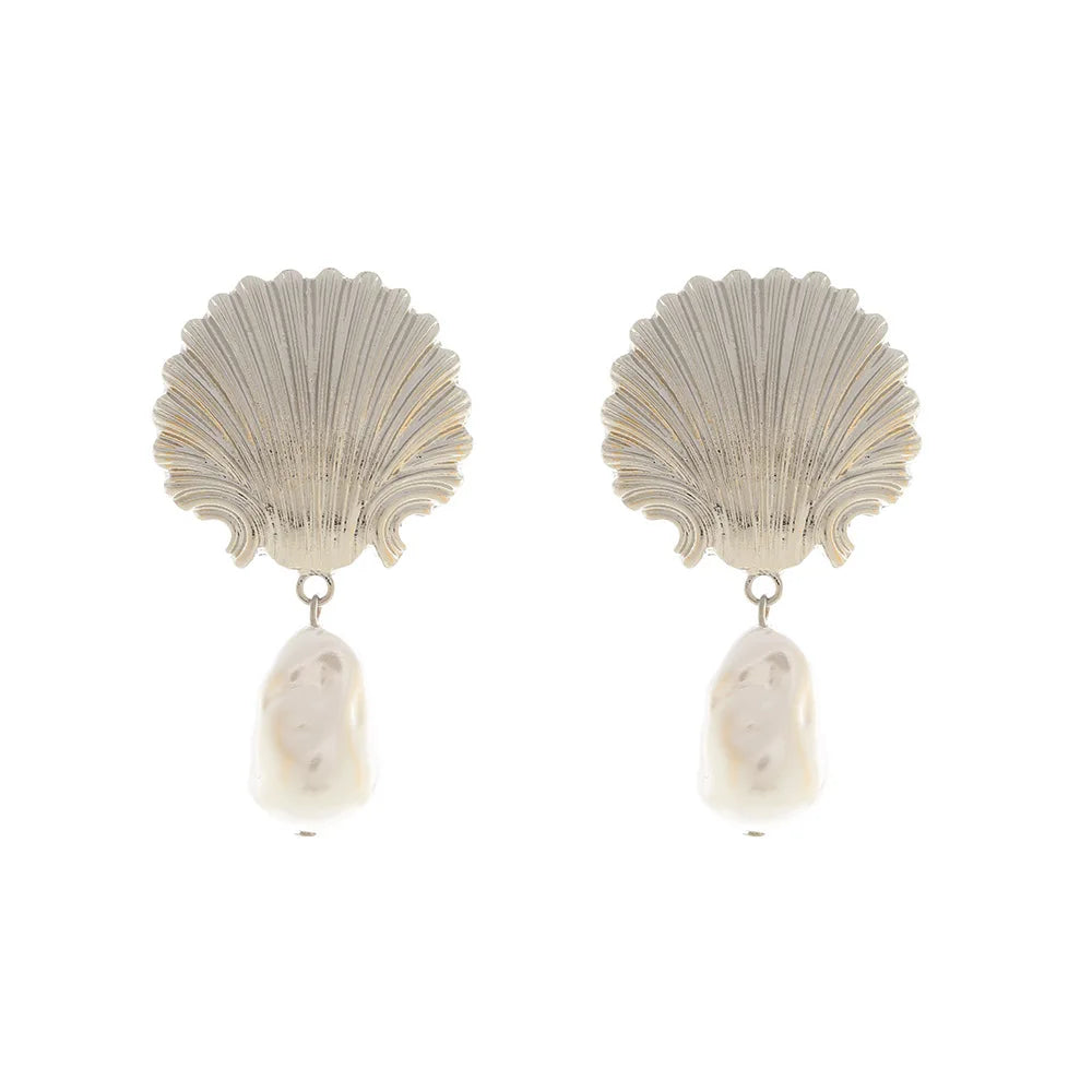 Shell Imitation Pearl Dangle Earrings - Silver
