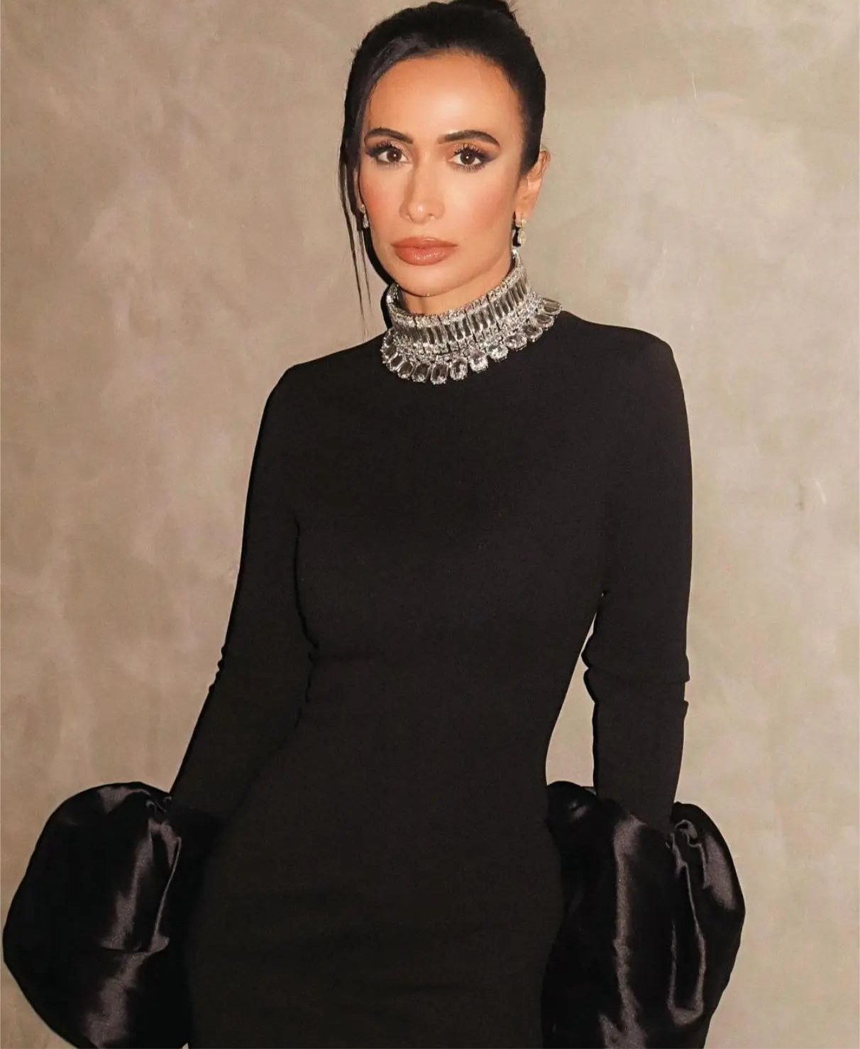 Shining Diamonds Neck Flare Sleeve Black Long Bandage Dress