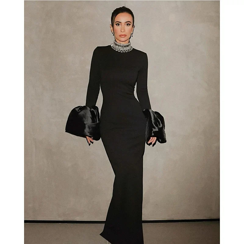 Shining Diamonds Neck Flare Sleeve Black Long Bandage Dress