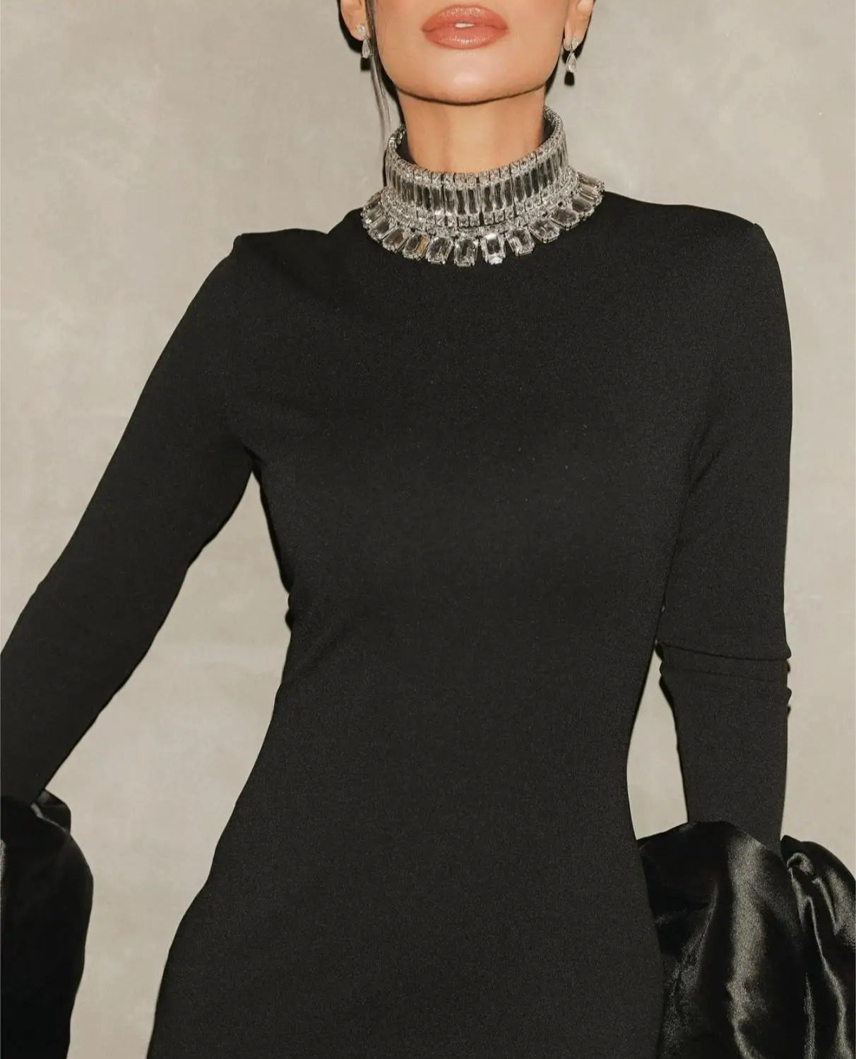 Shining Diamonds Neck Flare Sleeve Black Long Bandage Dress