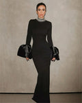 Shining Diamonds Neck Flare Sleeve Black Long Bandage Dress