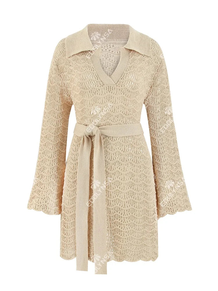 Shirt V-neck Bell Sleeve Hollow Out Knitted Belted Beach Mini - Other