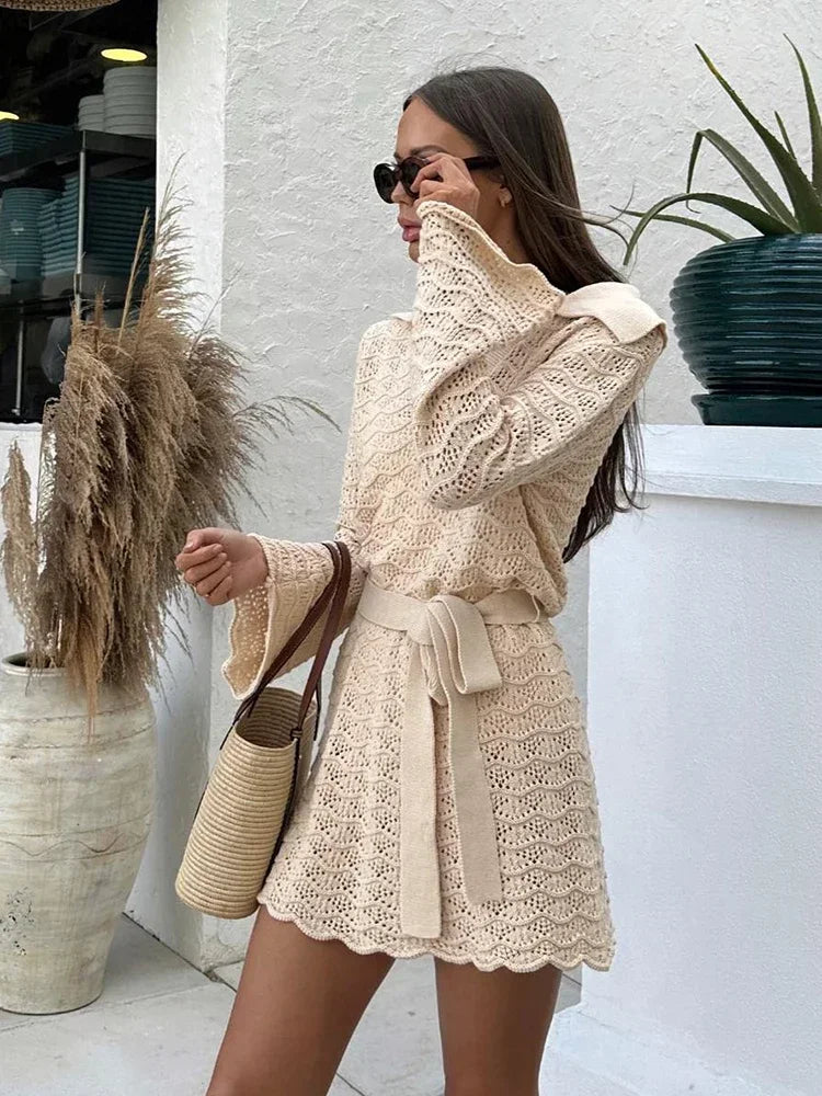 Shirt V-neck Bell Sleeve Hollow Out Knitted Belted Beach Mini - Other