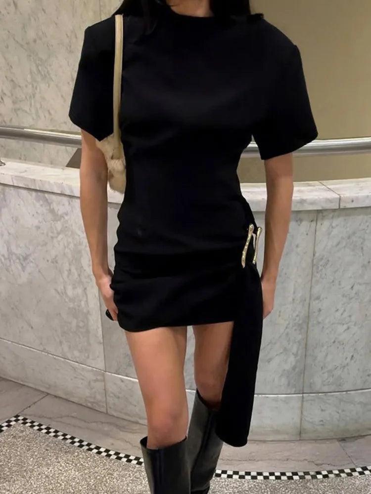 Short Sleeve Draped Mini Dress For Women Black Metal - Other