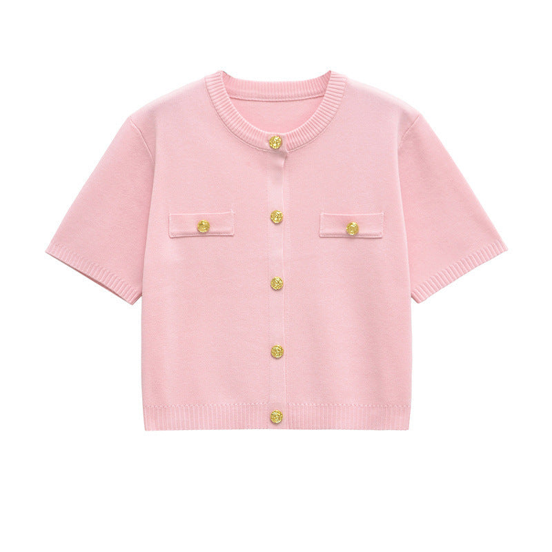 Short-sleeved Knitted Top Mini Skirt Suit - Pink / L - Other