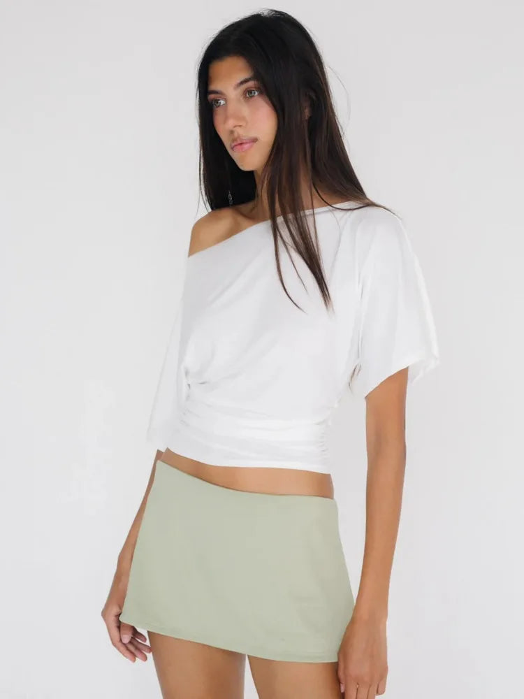 Shoulder T-shirt Tops For Women - WHITE / S