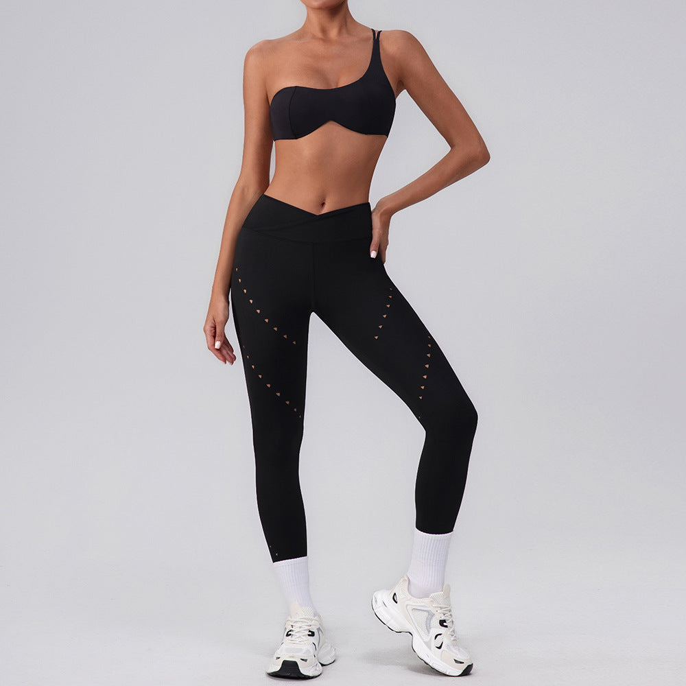 Shoulder Top Quick-drying With Chest Pad Sports Bra Seamless Yoga Clothes Shorts Cropped Pants Two-piece Suit - L 8
