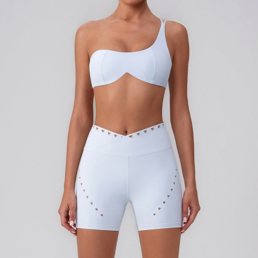 Shoulder Top Quick-drying With Chest Pad Sports Bra Seamless Yoga Clothes Shorts Cropped Pants Two-piece Suit - L 8