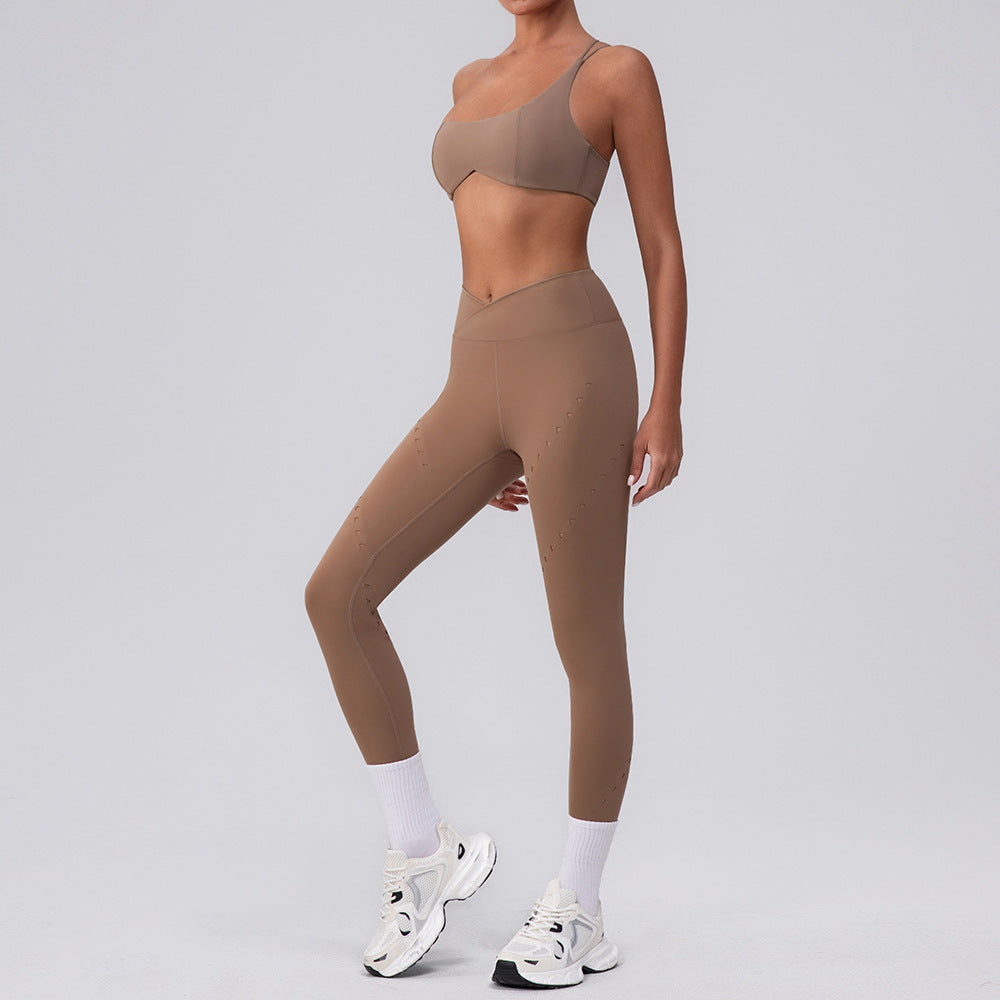 Shoulder Top Quick-drying With Chest Pad Sports Bra Seamless Yoga Clothes Shorts Cropped Pants Two-piece Suit - L 8