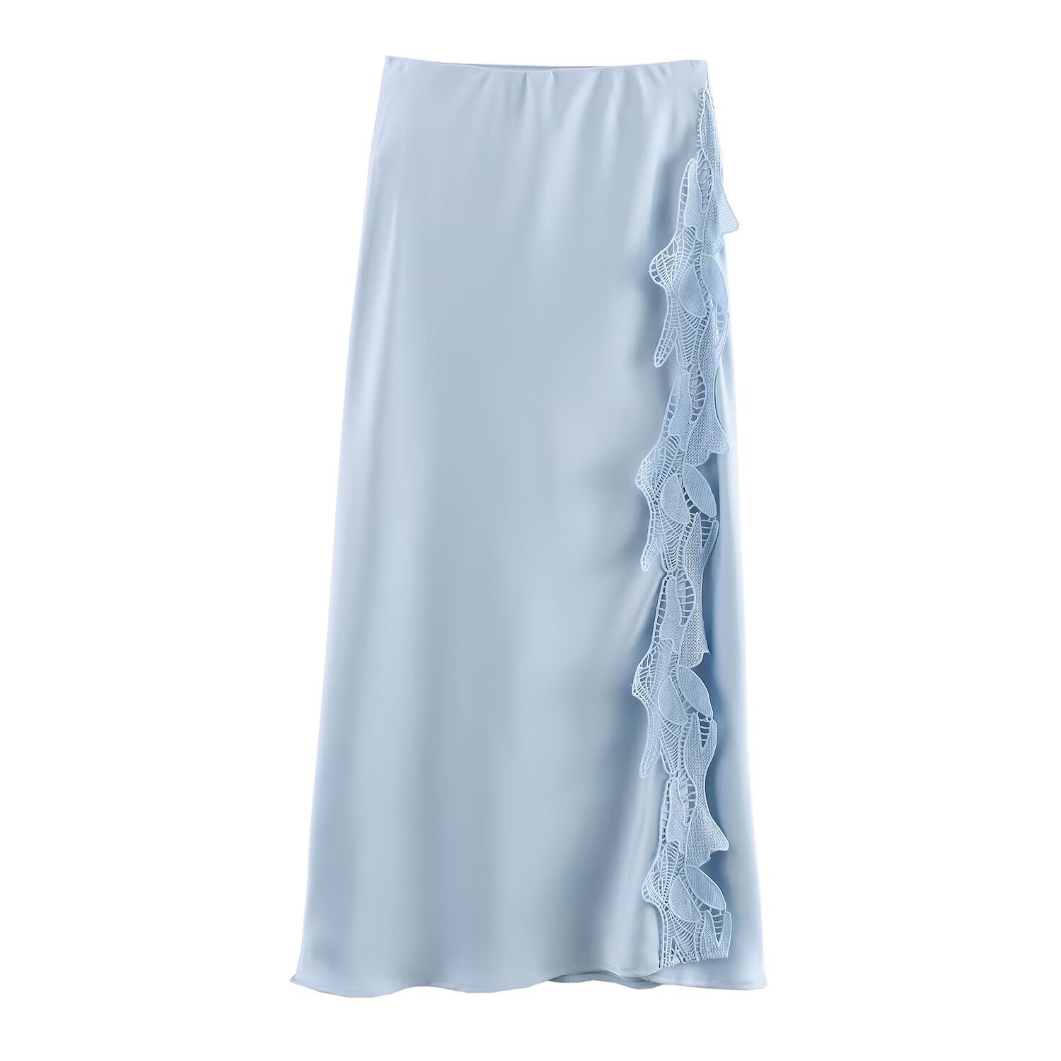 Side Slit Lace Elastic Waist Satin Skirt Long - Blue / L - Other