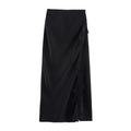 Side Slit Lace Elastic Waist Satin Skirt Long - Other