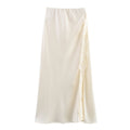 Side Slit Lace Elastic Waist Satin Skirt Long - Other