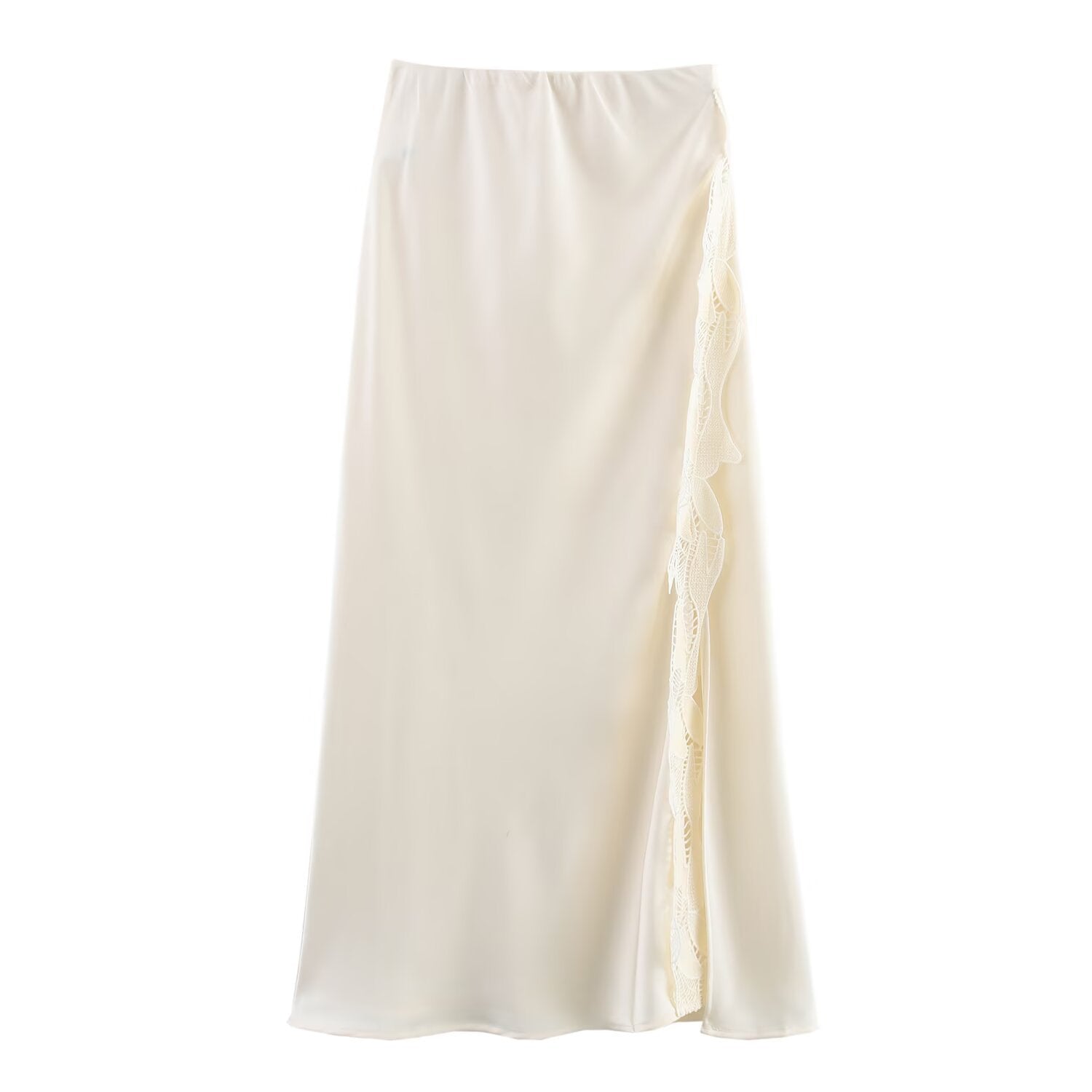 Side Slit Lace Elastic Waist Satin Skirt Long - Other