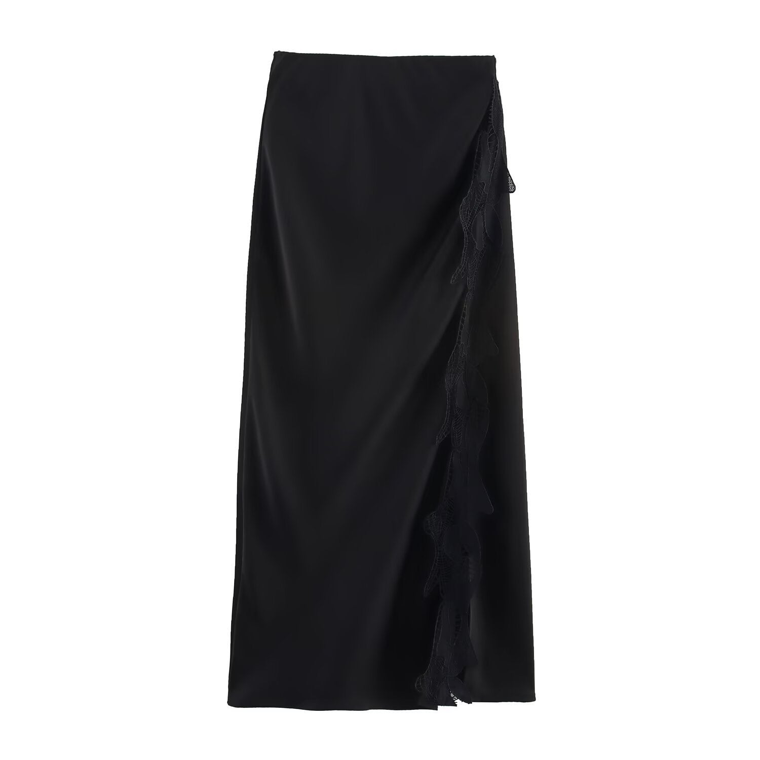 Side Slit Lace Elastic Waist Satin Skirt Long - Other