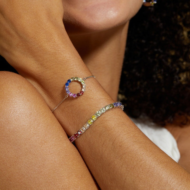 Silver Rainbow Circle Colored Gems Bracelet Color - Thick Platinum / 925 - electronic accessories