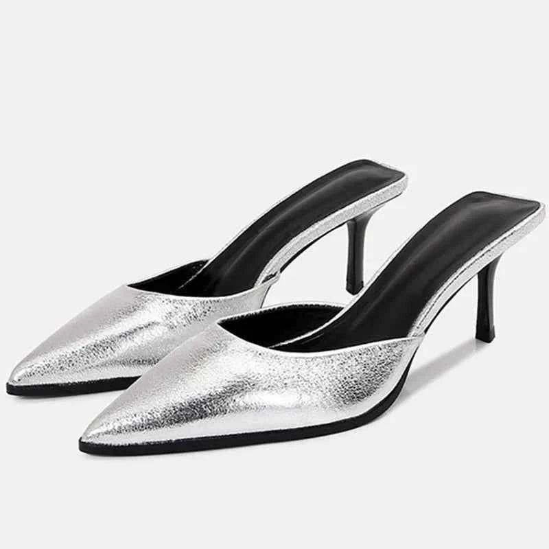 Silver Women's Slippers Pointed Toe Slide Sandals