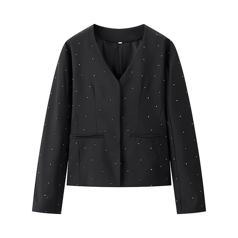 Simple And Versatile Loose V-neck Diamond Jacket - Other