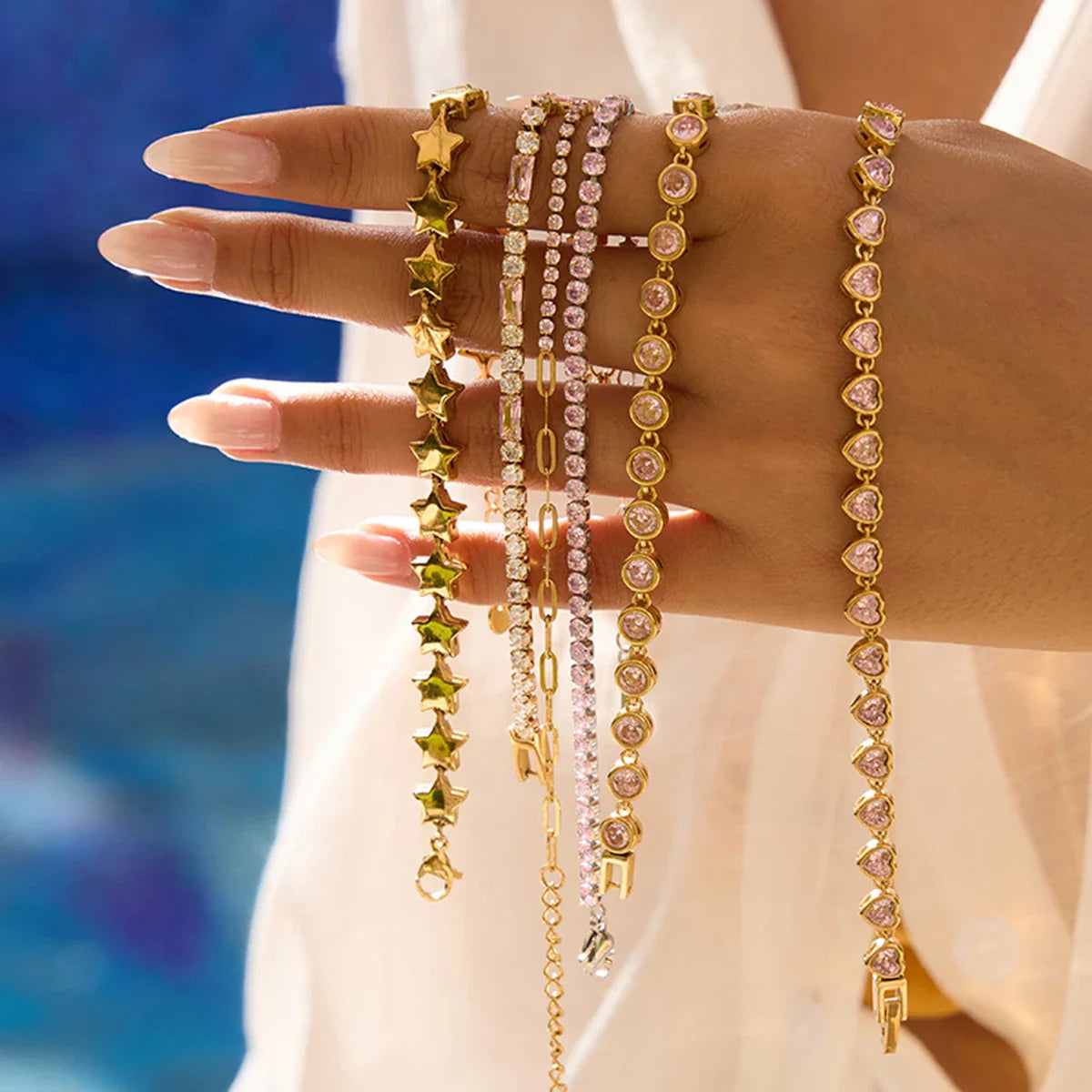 Simple Classic Stainless Steel Smooth Pentagram Bracelet Zircon