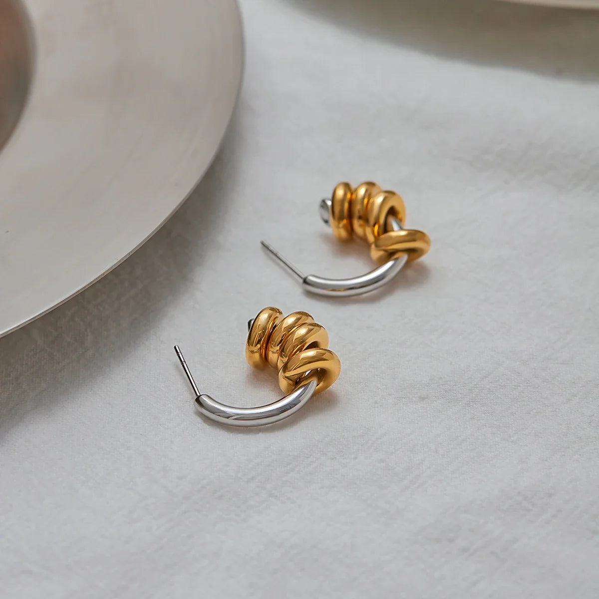 Simple Classic Two tone Multi ring C-shaped Hollow Earrings Stainless Steel - JDE0303028-PS