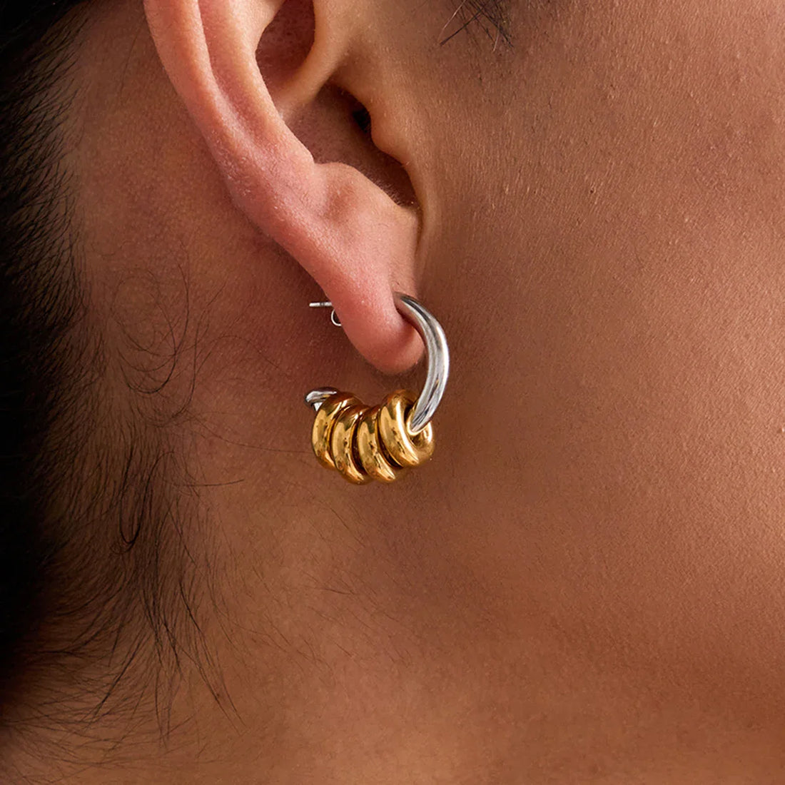 Simple Classic Two tone Multi ring C-shaped Hollow Earrings Stainless Steel - JDE0303028-PS