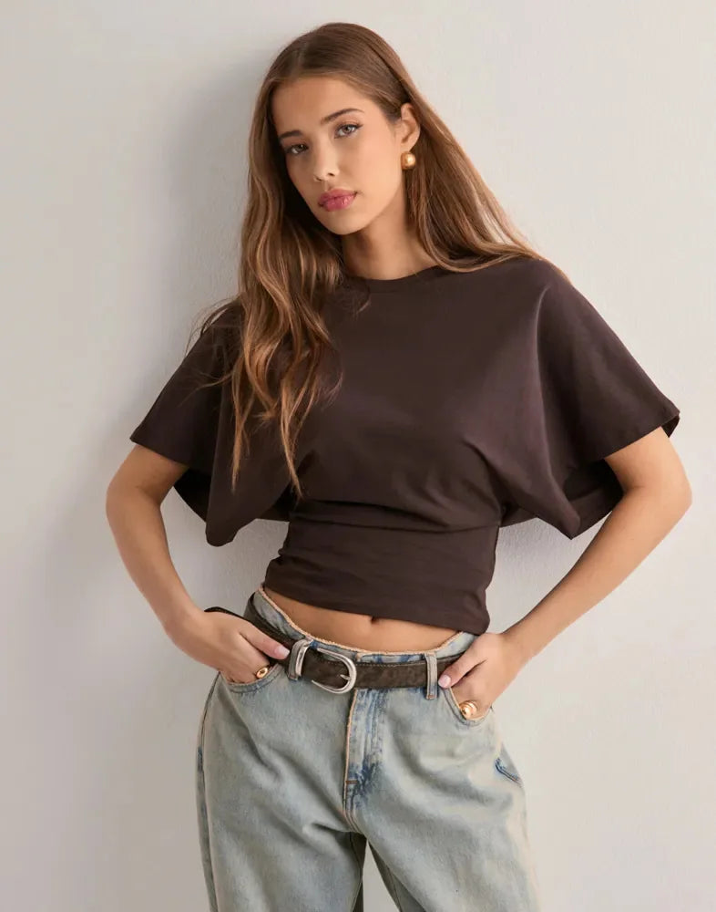 Simple Matching T-shirt Round Neck - Dark Brown / XXL