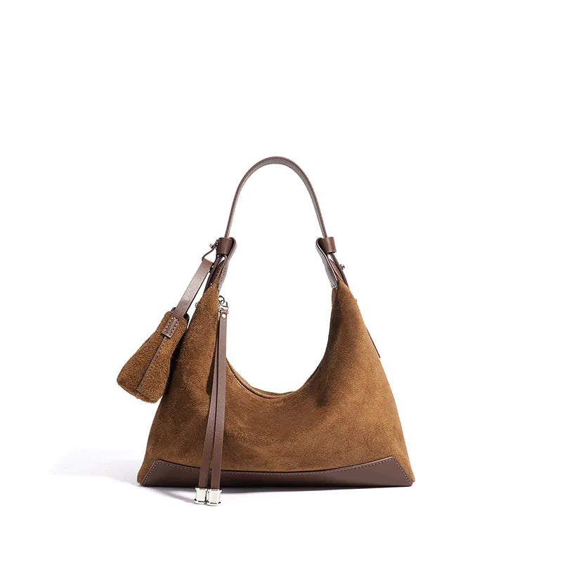 Simple Suede Leather Dumpling Bag - yellowish brown / 26X9X21CM