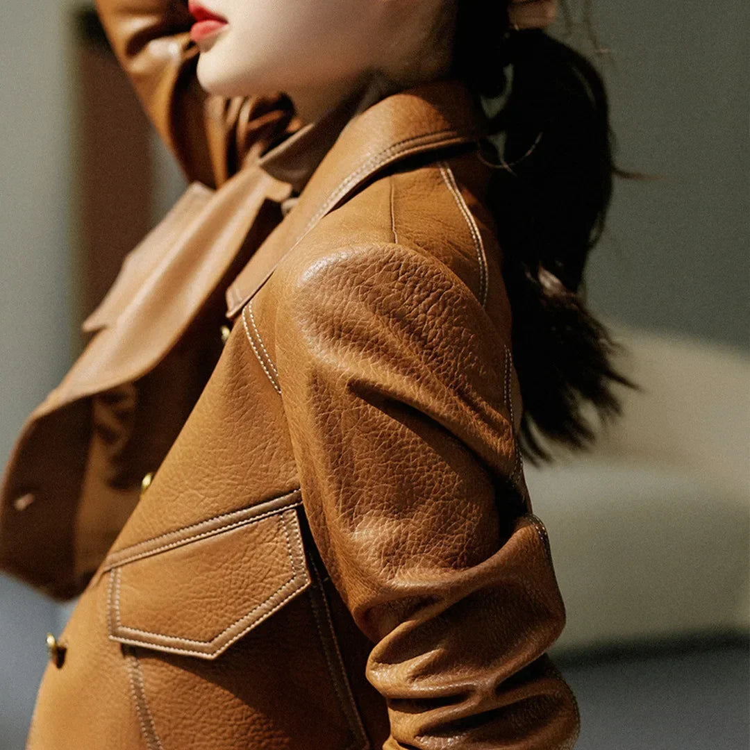 Single Breasted Leather Jacket Women’s Short Slim Fit Motorcycle - Brown / M
