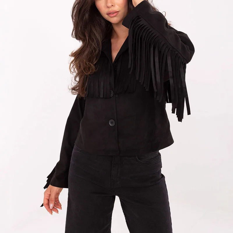 Single Breasted Tassel Women Jackets Vintage - 02 Black / S