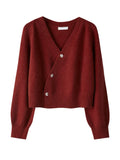 Skew Button Cardigan V-neck Sweater Women Knitted Long - Other