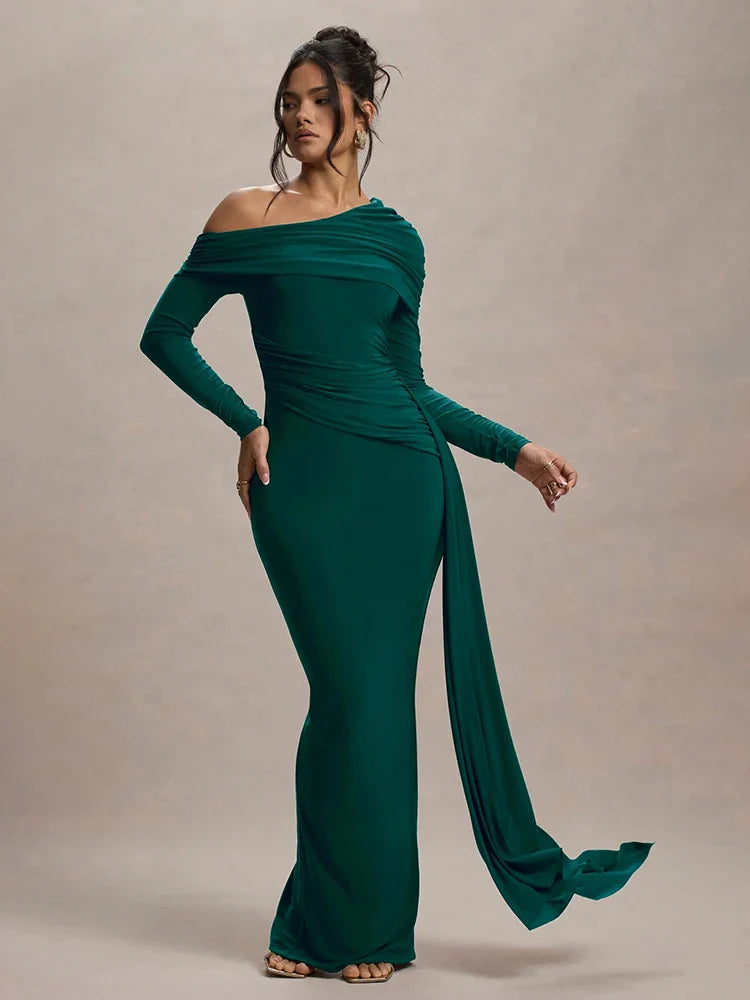 Skew Collar Long Sleeve Maxi Dress For Women - green / M