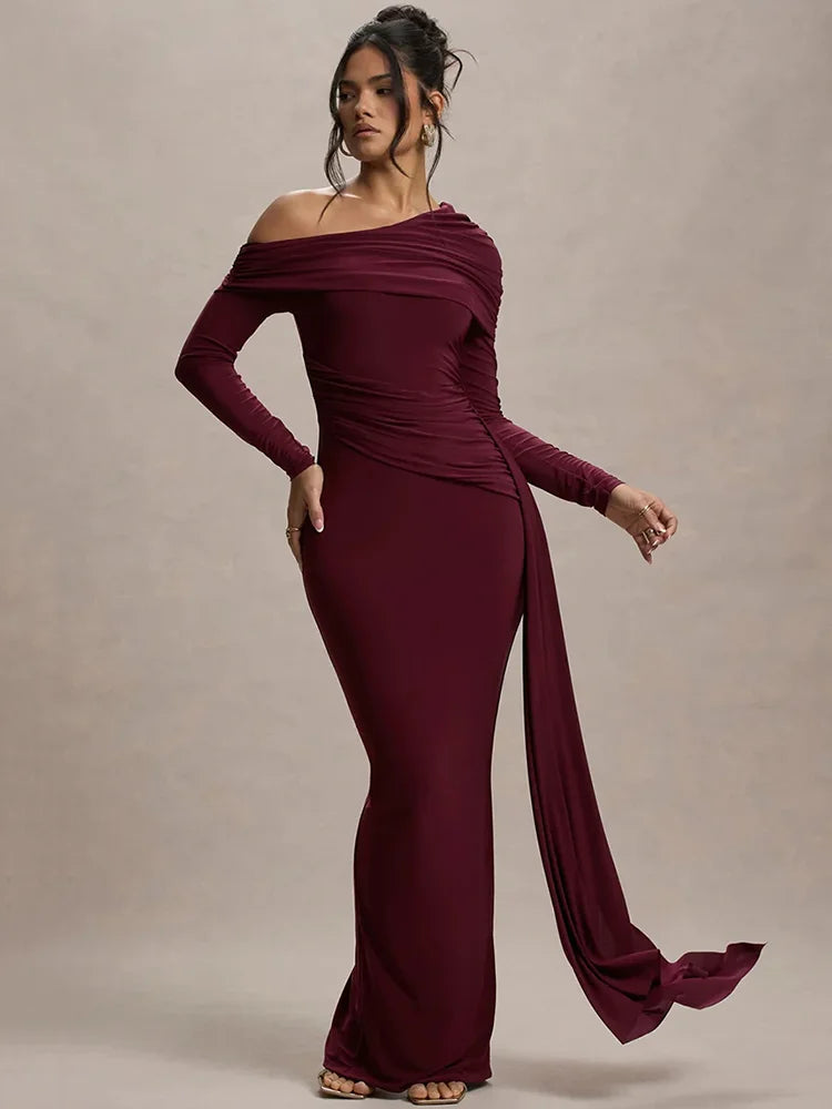 Skew Collar Long Sleeve Sexy Maxi Dress For Women Gown - Other