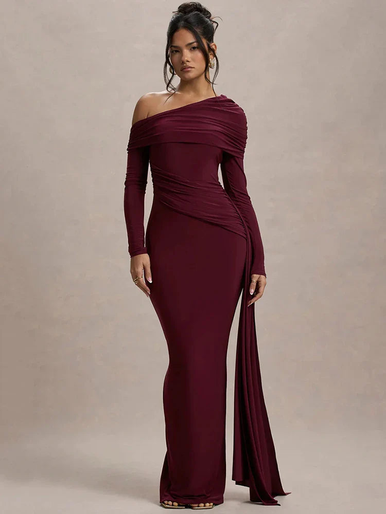 Skew Collar Long Sleeve Sexy Maxi Dress For Women Gown - Other