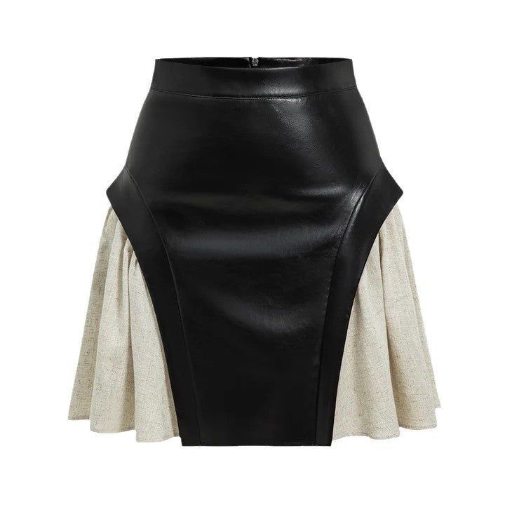Skirt High Waist PU Stitching - Other