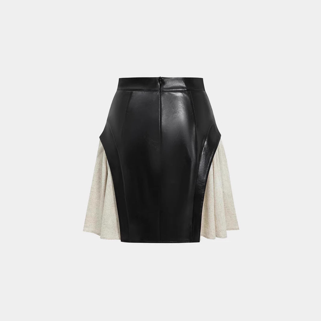 Skirt High Waist PU Stitching - Other