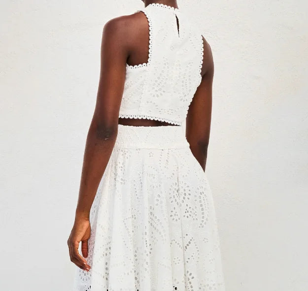 Sleeveless Embroidered Hollow Lace Long Skirt Vacation Set Two-Piece - C / S