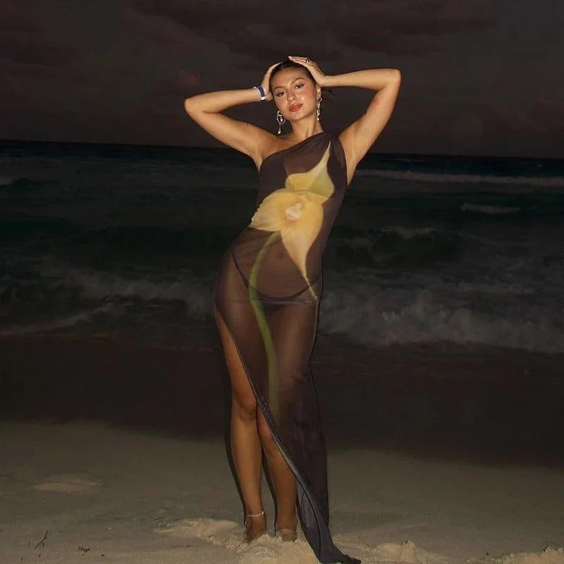 Sleeveless One Shoulder Printed See Through Mesh Dresses - Other